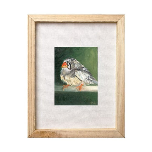 female finch with green background oil painting by beverly gurganus