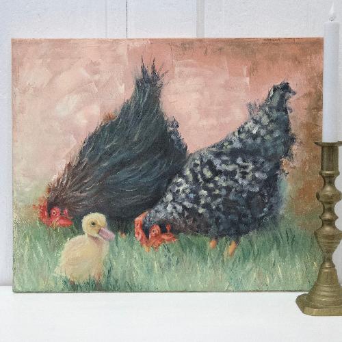 Original oil painting of two hens and a duckling by beverly gurganus