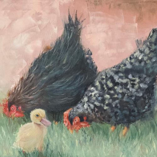 original oil painting of two hens and a duckling by beverly gurganus