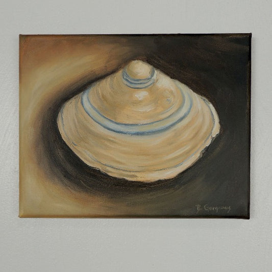 classical style white and blue shell oil painting by beverly gurganus