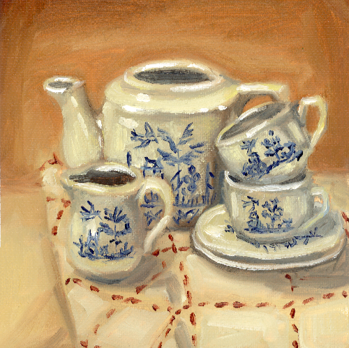 vintage tea set oil painting by beverly gurganus