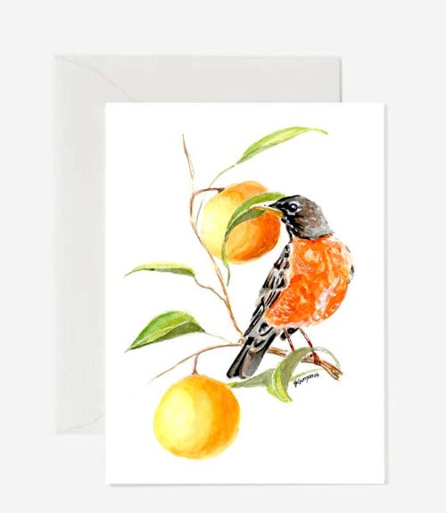 Robin-on-orange-branch-greeting-card-beverly-gurganus-fine-art