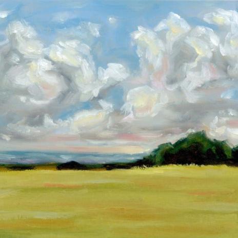 original landscape oil painting with large fluffy clouds over water and lush green landscape