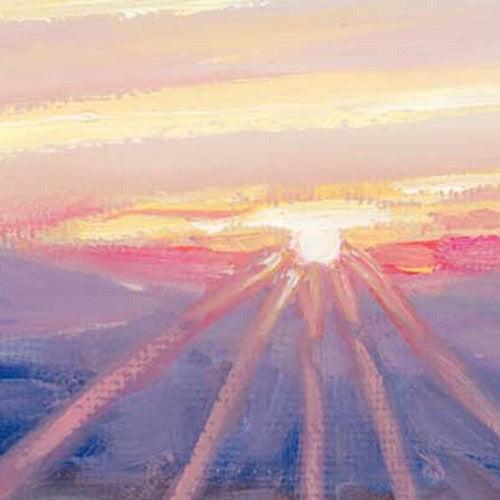 brushstroke details of the setting sun in an original landscape painting