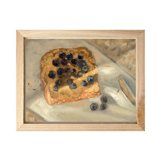 moody original oil painting of a slice of toast with almond butter and blueberries