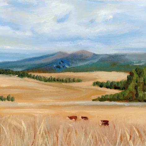 original landscape oil painting of golden fields, distant blue mountains, and cattle.