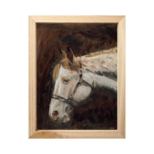 warm and moody original oil painting of a white horse