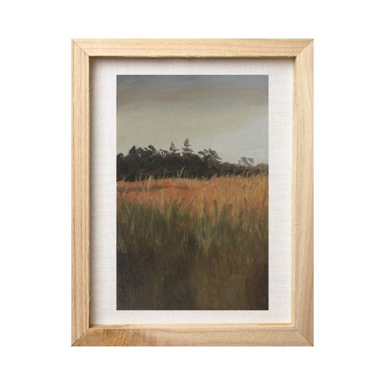 original moody landscape painting with golden light with trees and sky