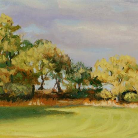 original landscape oil painting with warm summer trees.