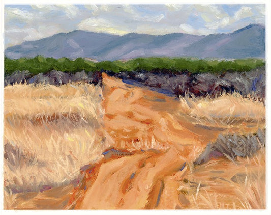 original landscape oil painting of land in Arizona with distant mountains.