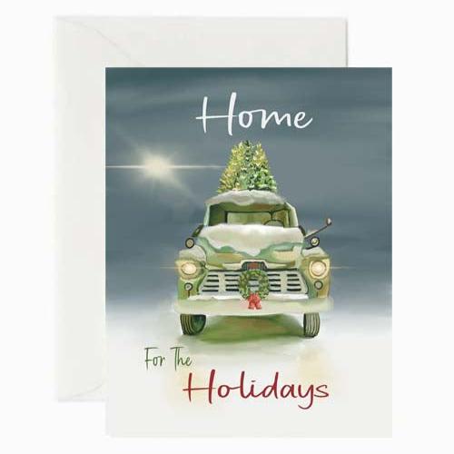 vintage truck with trees christmas card by beverly gurganus