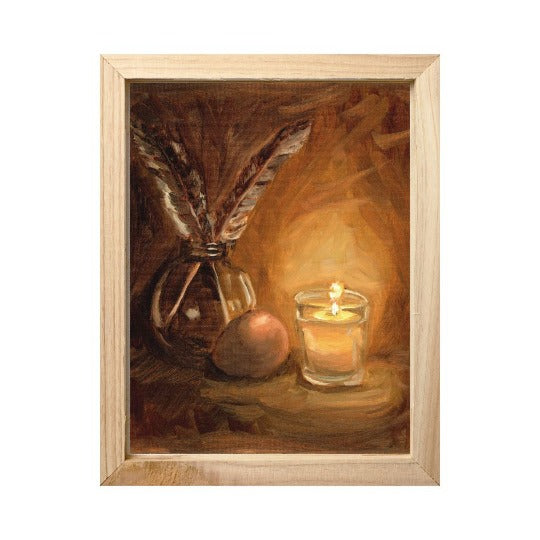 warm and moody original painting of chicken feathers, brown egg, and a glowing candle.