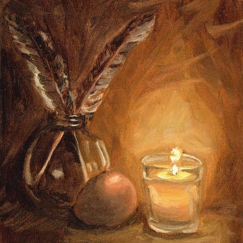 warm and moody original painting of chicken feathers, brown egg, and a glowing candle.