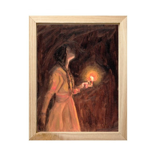 warm moody oil painting of girl holding a glowing candle