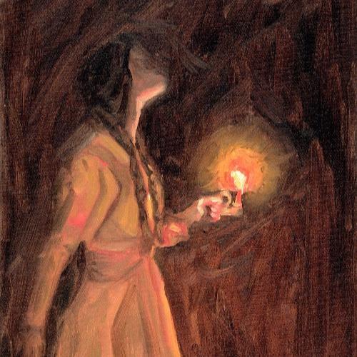 warm moody oil painting of girl holding a glowing candle