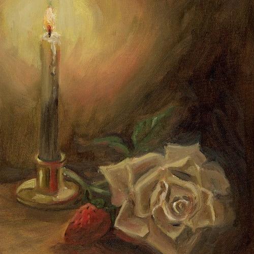 original moody still-life painting of a rose and burning candle