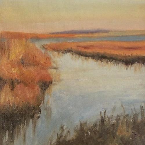 original oil painting of golden marshland