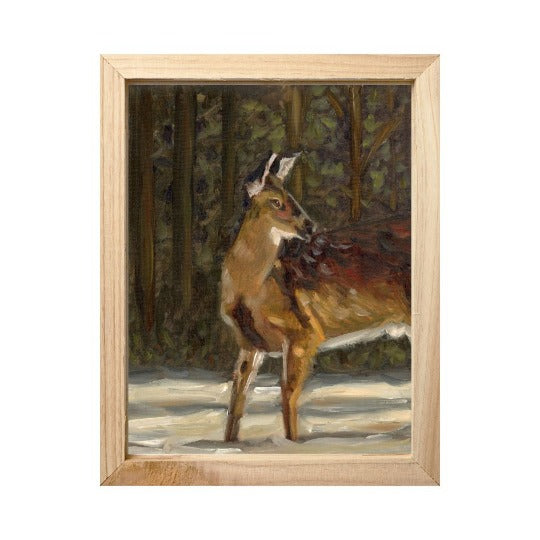 original moody oil painting of a deer in the snow