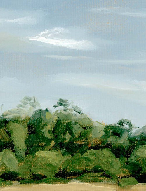 brushstroke details of distant trees in an original oil painting