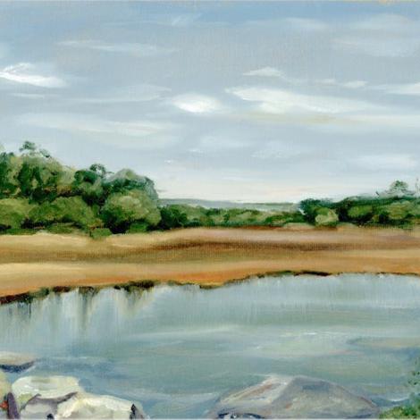 original landscape painting of a blue sky and a hedge of bushes along a rocky river bank.