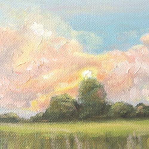 original landscape oil painting of a colorful sunrise over trees and fresh green grass.