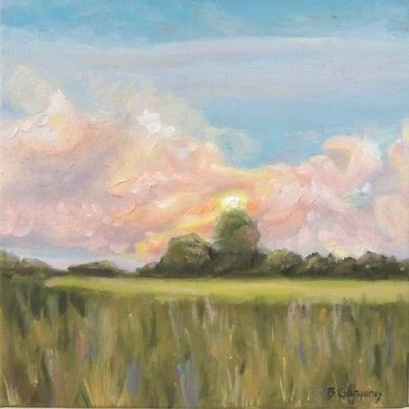 original landscape painting of a colorful sunrise with trees and fresh green grass.