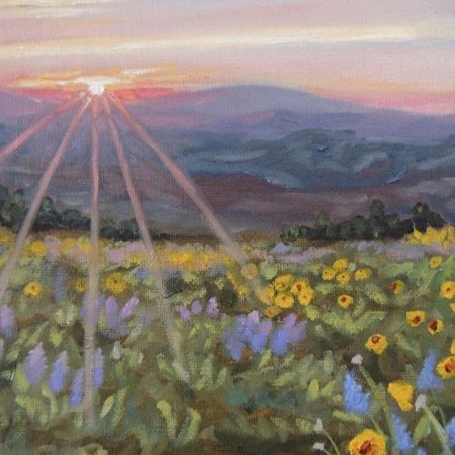 original landscape oil painting of the sun setting behind mountains and field of flowerers in foreground