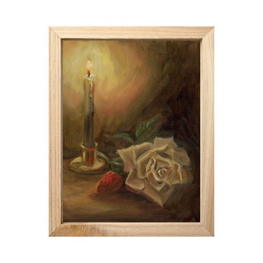 orignial moody still-life painting of a rose and burning candle