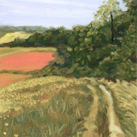 original landscape painting with walking path along trees and through green and pink fields